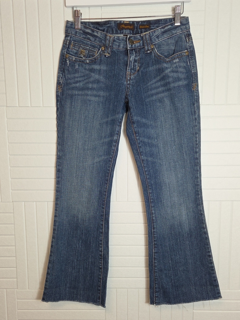Aeropostale Lightly Distressed Raw Hem Button Tab Stretch Flare Jeans Size 1/2